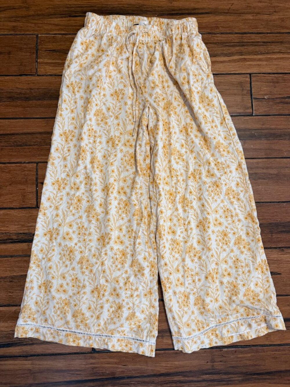 Altair Linen Blend Floral Yellow Wide Leg Lounge Pants, Size S